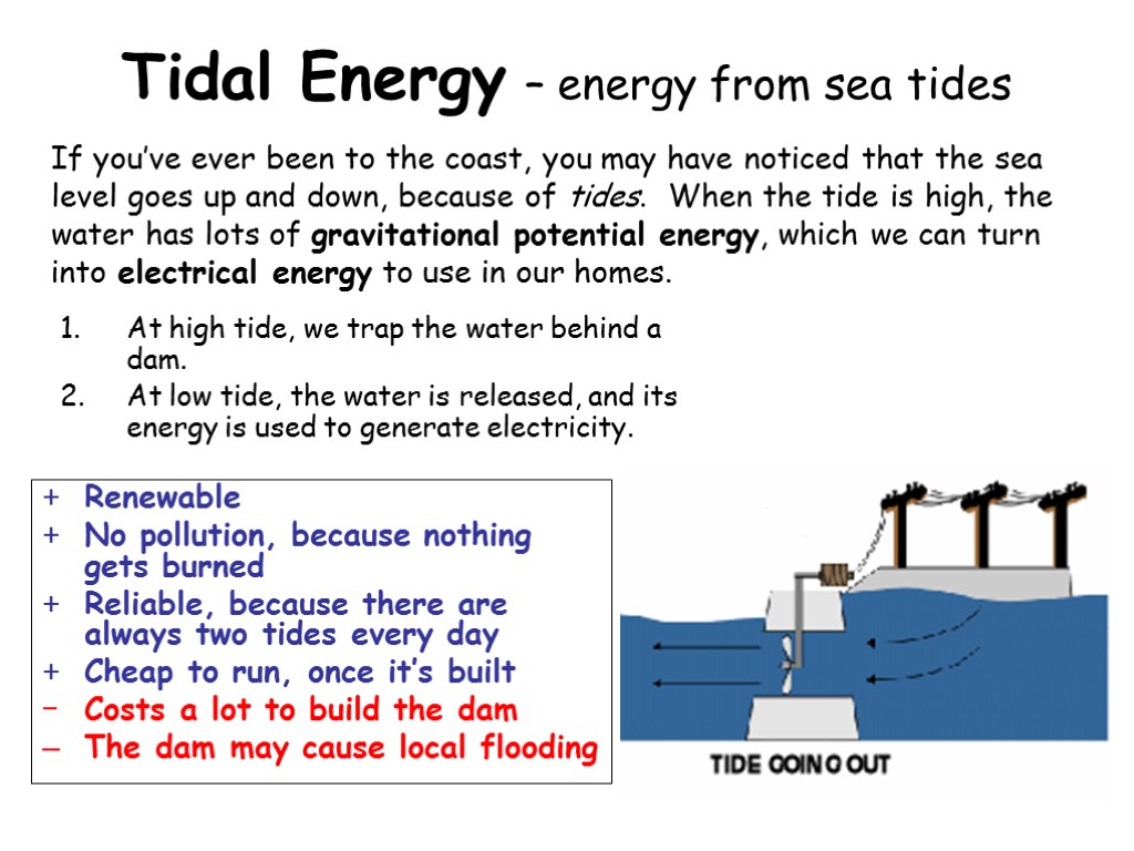 Tidal Energy – energy from sea tides At high tide, we trap the water